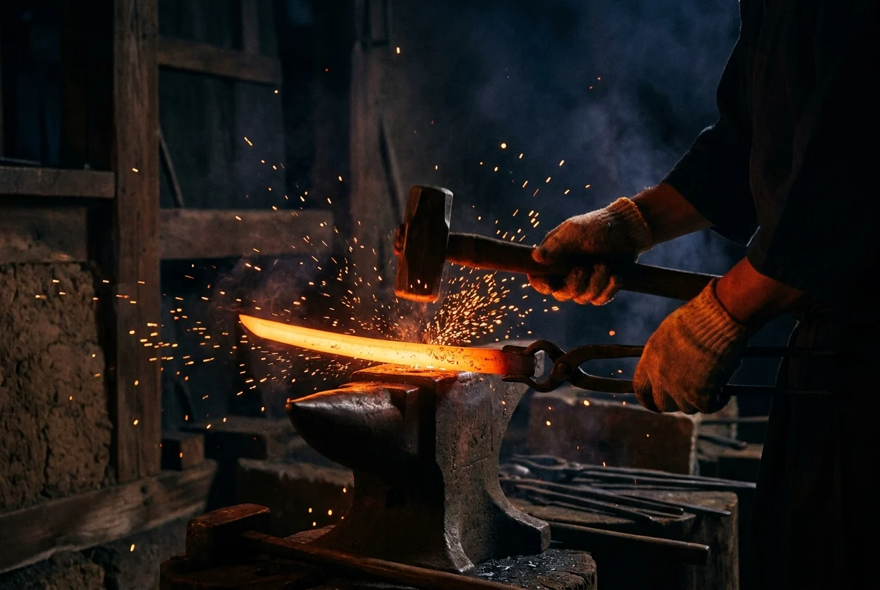 Forging a katana blade on the anvil